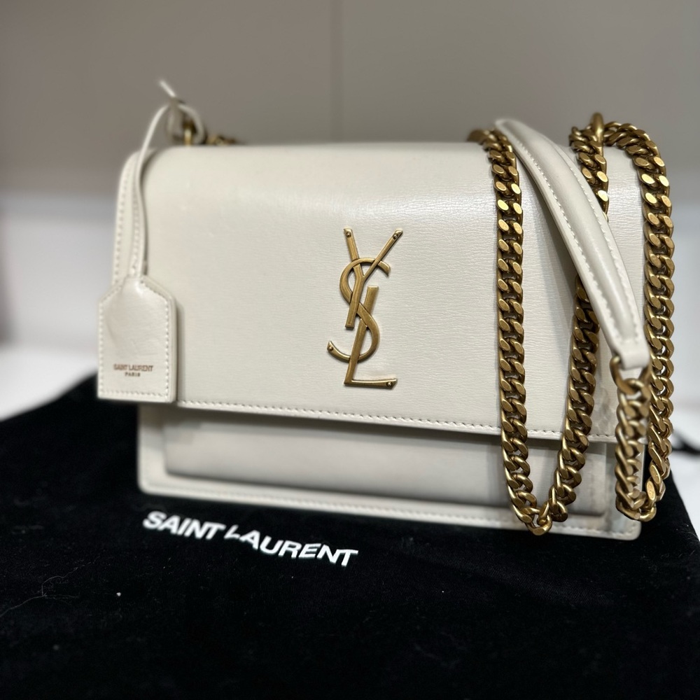 Saint Laurent Medium Sunset Leather Crema Soft Satchel Bag